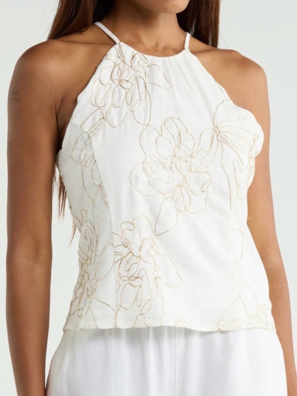 Jason Wu Womens Tank Top Floral Gold Embroidered Halter Linen Casual Resort M